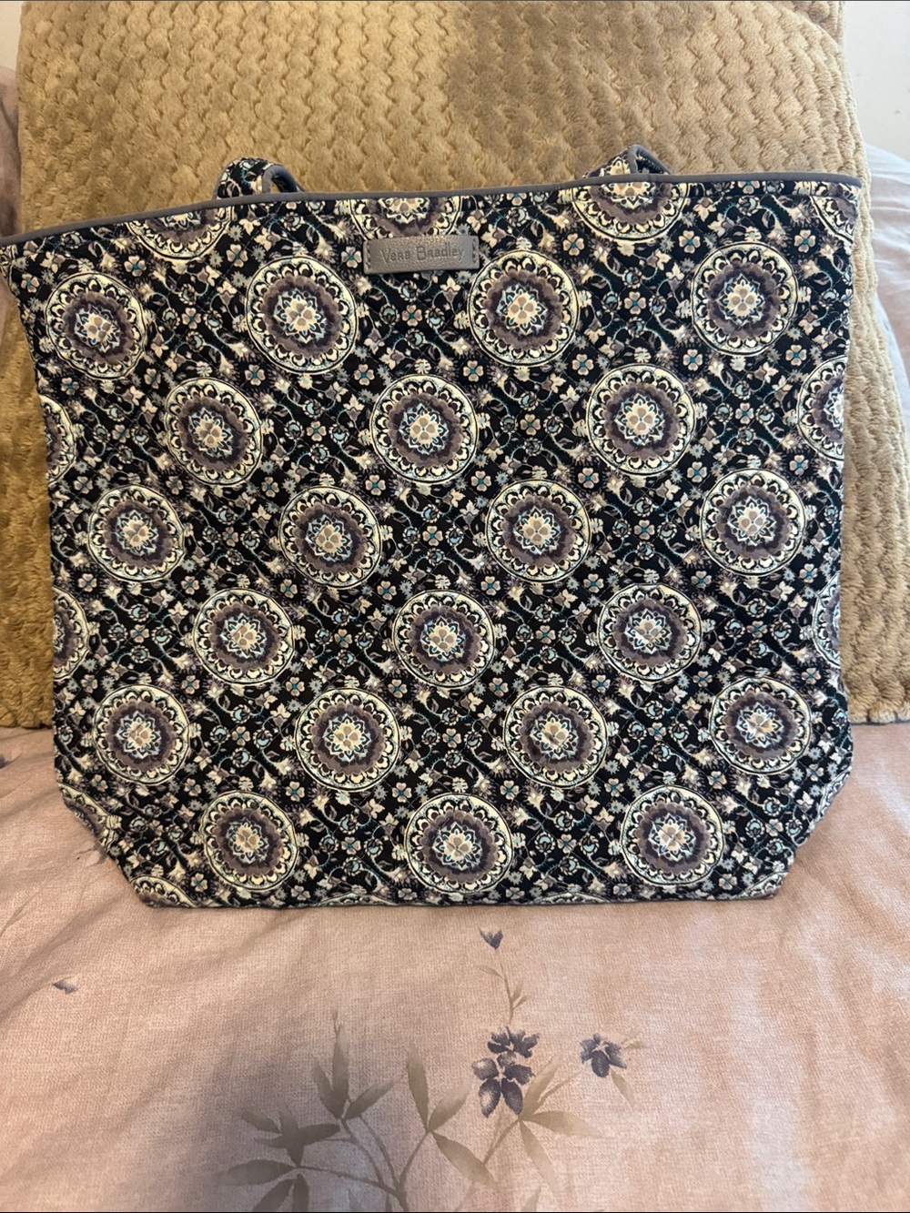 Vera Bradley Black Quilted Tote with Cream and Blue Medallions